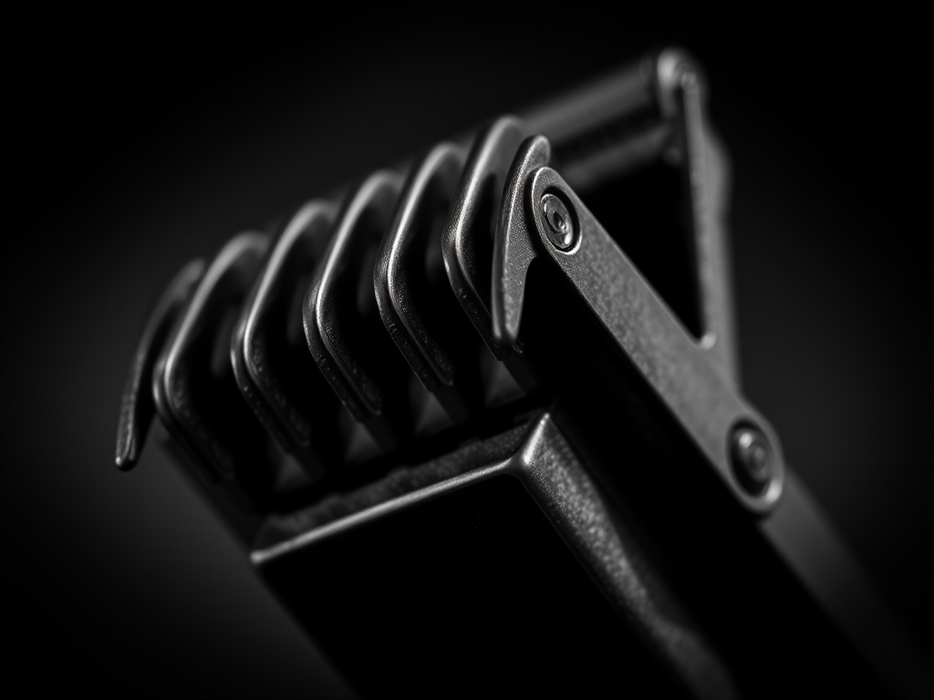 macro shot of a vintage hair clipper in black and white with high contrast, f/2.8 aperture, ISO 100, 50mm lens, shot from a low angle, soft depth of field, using a DSLR camera
