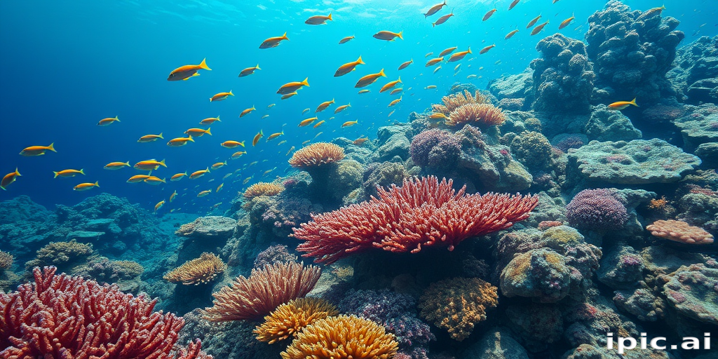 Photorealistic underwater scene wrap-around leg sleeve, coral reef teeming with tropical fish, rich blues and vibrant coral hues