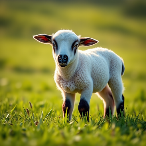 A cute lamb standing in a green field, captured with a Canon EOS 5D Mark IV, 85mm lens, aperture f/2.8, shutter speed 1/1000s, ISO 200, in soft natural lighting, shallow depth of field for a blurred background.
