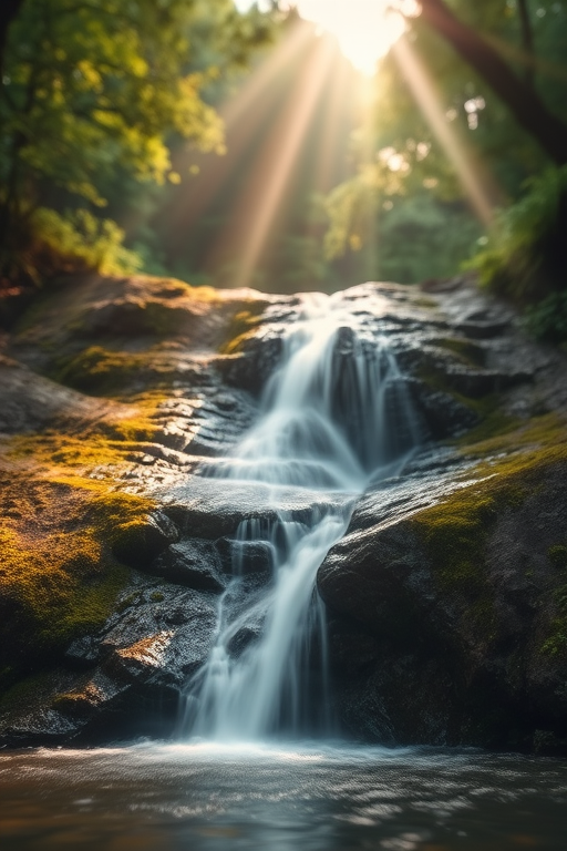 Soft-focus image of a serene waterfall cascading down moss-covered rocks, surrounded by lush greenery and soft beams of light filtering through the trees above.