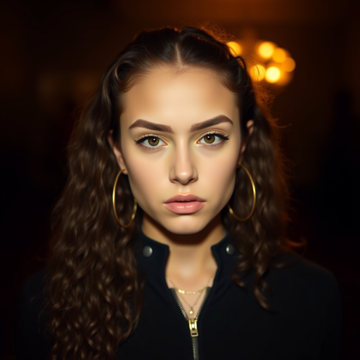 A young woman with long, curly brown hair is looking directly at the viewer. She is wearing a black top with a zipper down the front. The setting is a dimly lit interior space, with a warm, golden light emanating from the background. Her expression is neutral, with a hint of seriousness. The image is a close-up portrait with a shallow depth of field, focusing on the woman's face and torso. The background is blurred, creating a soft and intimate atmosphere.  She is wearing large gold hoop earrings, and a small gold chain is visible around her neck.  Her makeup is natural and simple, highlighting her brown eyes. The lighting creates subtle shadows that accentuate her features.  Her skin is smooth and glows in the soft light. The composition is balanced, with the woman's face positioned in the center of the frame.  The image is focused on capturing her beauty and confidence.