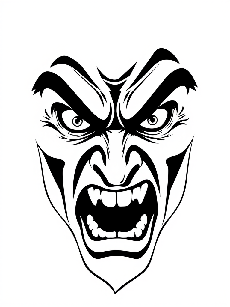 Generate a high-contrast, black and white illustration of an angry, stylized face with sharp features and intense eyes, using a digital camera at 50mm, f/2.8, ISO 100, with a flat lighting setup and a clean, minimal background for a modern look.