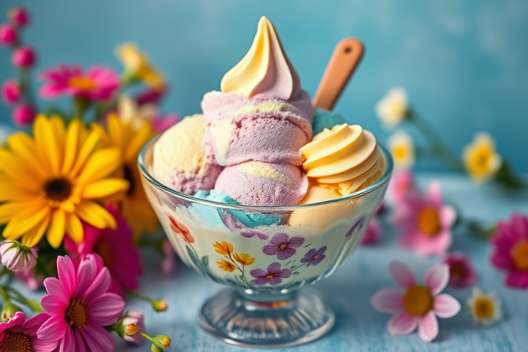 A beautifully styled ice cream sundae in a vintage glass bowl, with swirls of pastel yellow, purple, and blue ice cream, surrounded by vibrant spring flowers and a soft blue background, captured with a Canon EOS R5, 50mm lens, f/1.8 aperture, ISO 100, natural light, high-resolution, shallow depth of field.