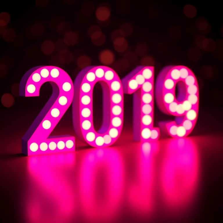 Create an image of the year "2019" in large, glowing pink and purple numbers on a dark background with a bokeh effect, using a DSLR camera with a 50mm lens, aperture set to f/1.8, ISO 100, and a soft focus view for enhanced depth and clarity.