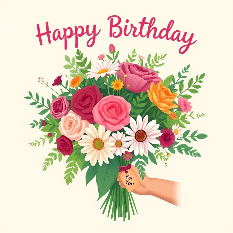 Create a colorful illustration of a birthday bouquet featuring a variety of flowers such as roses, daisies, and greenery. Include a hand holding the bouquet, and add a tag that says For You. The background should be a soft cream color with the words Happy Birthday in a playful font above the bouquet.