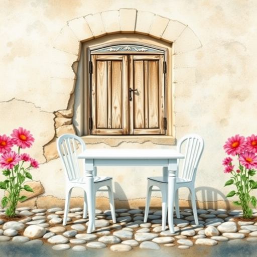 Create an amazing realistic watercolor image, The background is a crumbling wall beige and pale blue with the old wooden window. front of the wall has an old white table with two chairs. The soil is stones. Both of side of the image amazing flowers visible.