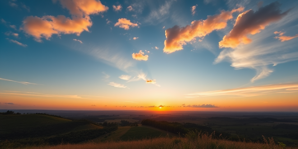 Create a high-resolution image of a serene landscape at sunrise with soft clouds, using a Canon EOS R5, 50mm f/1.8 lens, aperture set to f/8, ISO 100, with a wide-angle view to capture expansive scenery and vibrant colors.