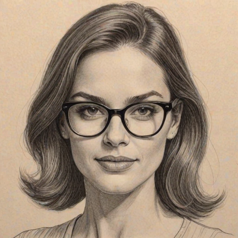 Wonderful Sophie Winkleman, pencil sketch, portrait of Ravishing woman 1975s in glasses, hair style beatnik, outline, clear lines, fine lines, 8k