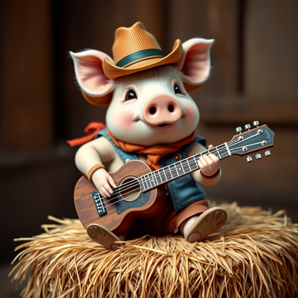 A chibi pig, dressed as a cowboy, playing guitar, sitting on a hay bale