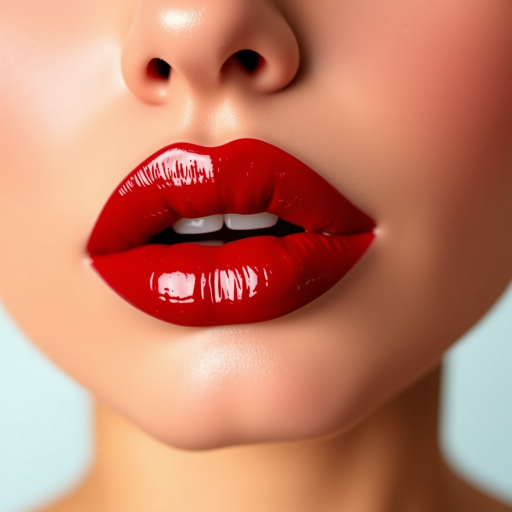 Luscious crimson pout adorned with glossy finish, plump and voluminous lips showcasing a deep red hue, perfectly shaped with subtle ombre effect, exuding sensuality and allure
