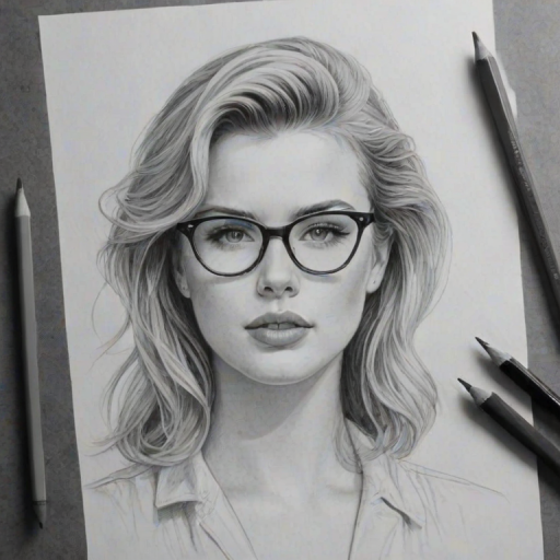 Delightful Ireland Baldwin, pencil sketch, portrait of Exquisite woman 1948s in glasses, hair style beatnik, outline, clear lines, fine lines, 8k