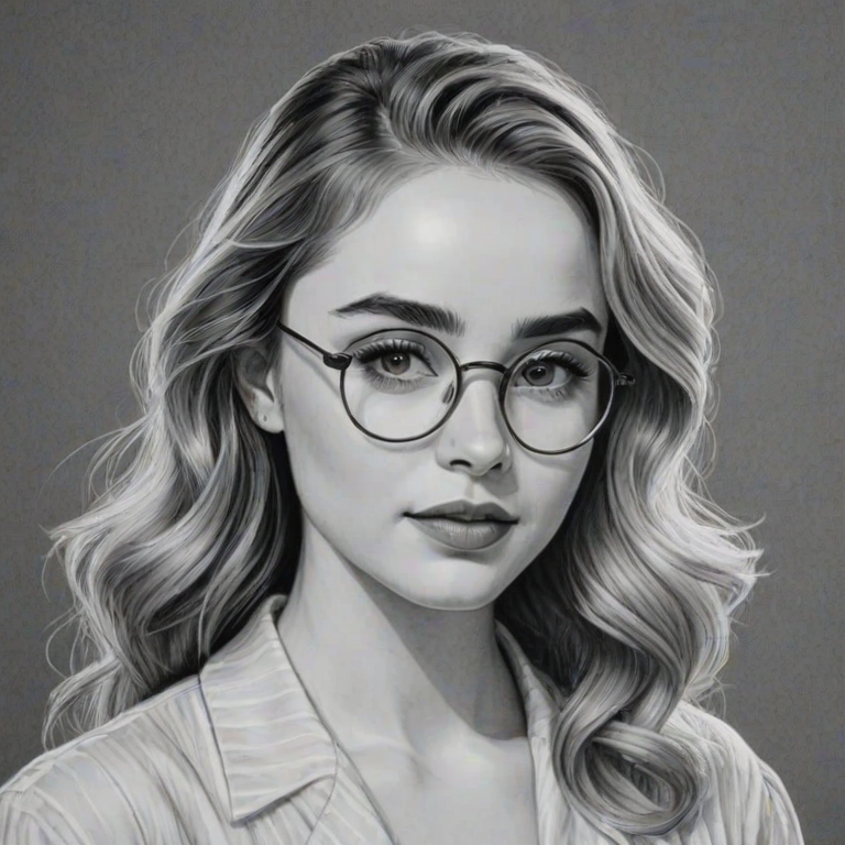 Resplendent Sabrina Carpenter, pencil sketch, portrait of Stunning woman 1937s in glasses, hair style beatnik, outline, clear lines, fine lines, 8k