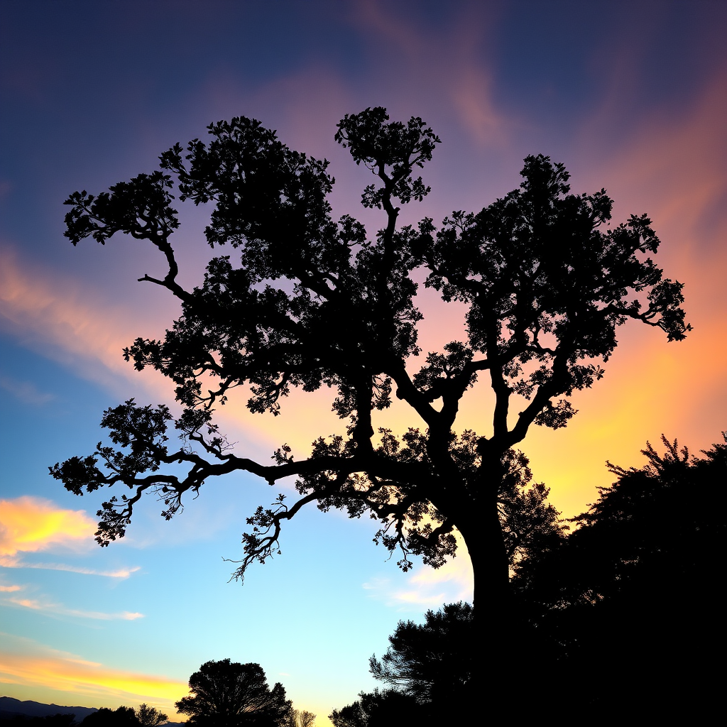 Create a high-resolution silhouette of a tree at sunset, captured with a DSLR camera, aperture f/8, shutter speed 1/100s, ISO 200, with a wide-angle lens for expansive view and enhanced colors in the sky.