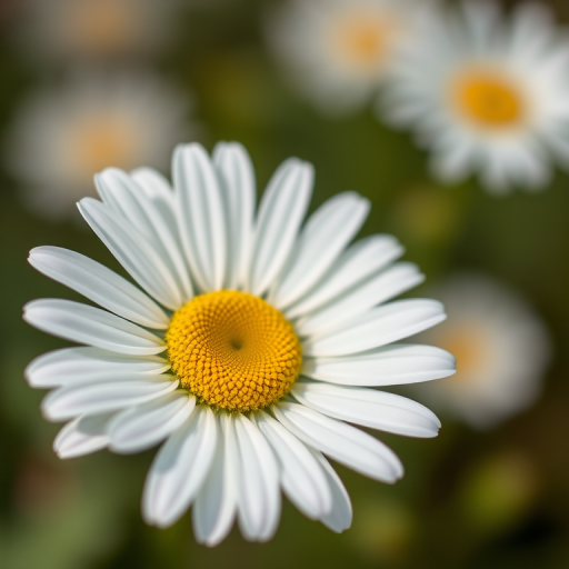 Create a close-up photograph of a white daisy with a yellow center, shallow depth of field for a soft background, shot with a Canon EOS 5D Mark IV, 50mm lens at f/2.8, ISO 100, natural light, and vibrant colors.
