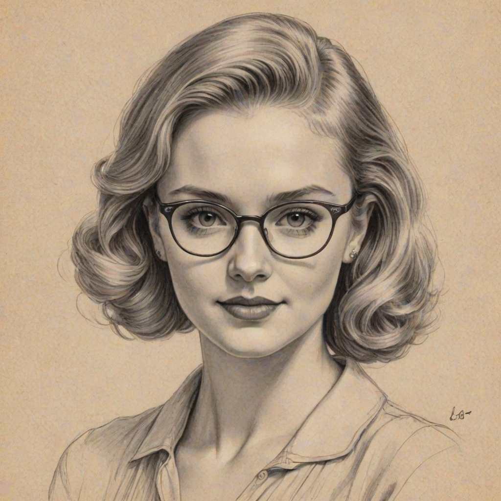 Charming Sierra McCormick, pencil sketch, portrait of Ravishing woman 1935s in glasses, hair style beatnik, outline, clear lines, fine lines, 8k
