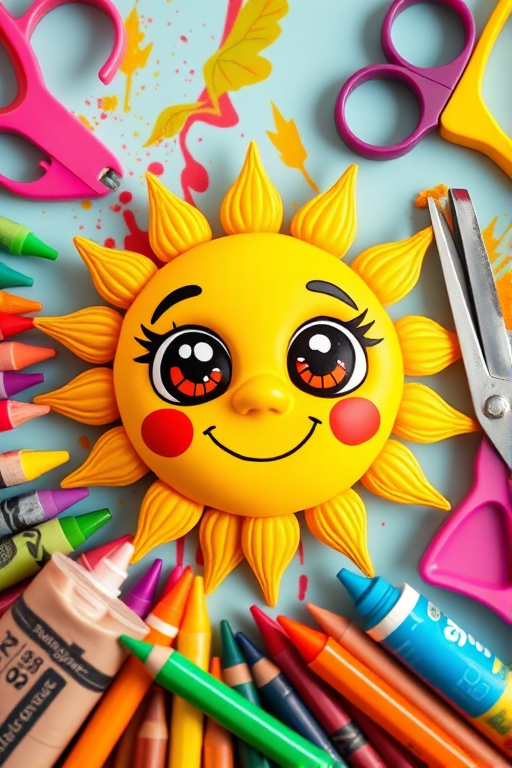 Create a vibrant cartoon sun character with big expressive eyes surrounded by colorful art supplies like crayons, scissors, and a tube of paint, in a bright and cheerful style, captured with a Canon EOS 5D Mark IV, 50mm lens, f/2.8 aperture, natural light, and a shallow depth of field for a playful and engaging look.