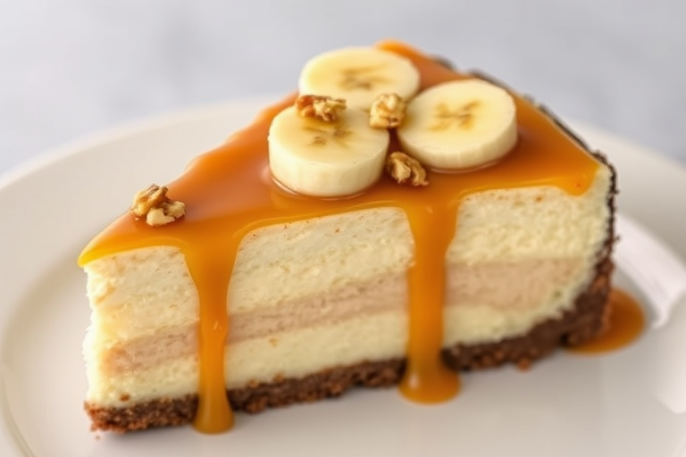 Create an image of a slice of banana caramel cheesecake with a smooth caramel topping drizzled over it topped with banana slices and chopped nuts on a white plate. The cheesecake should have a layered appearance with a chocolate crust and creamy filling.