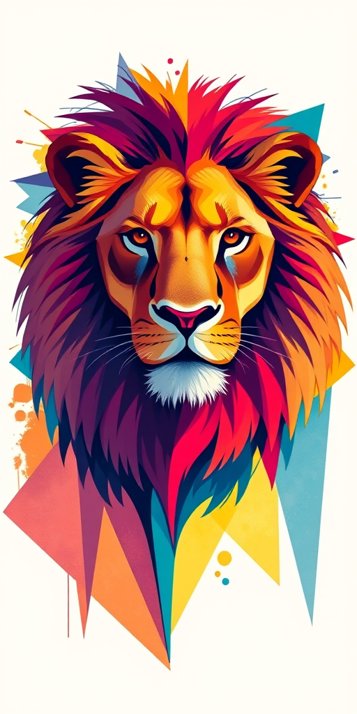 Create a vibrant and artistic illustration of a lion, showcasing bold colors and abstract geometric shapes, captured with a Canon EOS R5 using a 50mm f/1.2 lens, f/2.8 aperture, ISO 100, 1/500 sec shutter speed, in soft natural light from the side for enhanced texture.