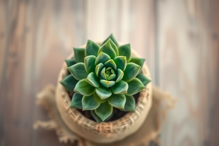 succulent plant in a natural burlap pot, overhead view, soft focus background, f/2.8 aperture, 50mm lens, ISO 100, natural lighting, DSLR camera