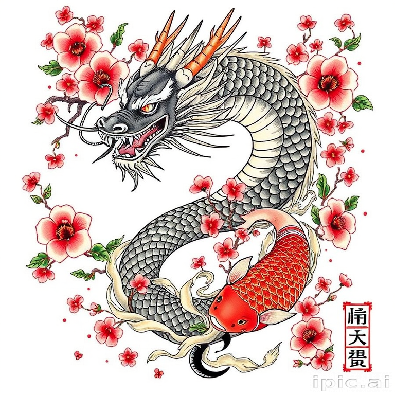 Japanese-inspired irezumi tattoo featuring a fierce dragon entwined with cherry blossoms and koi fish, rendered in bold traditional colors and flowing lines to create a dynamic full-body masterpiece