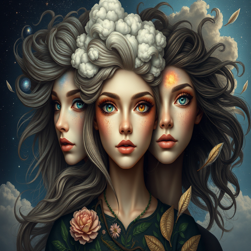 Create a series of imaginative portraits where each subject is infused with elements of fantasy and nature. The hair of the individuals should flow like clouds, varying from soft, fluffy cumulus to wispy cirrus strands, with hints of color reflecting a sunset or a clear blue sky. The eyes should be windows to entire galaxies, with stars, nebulae, and distant planets visible within them. Clothing should be adorned with nature motifs, such as floral patterns that bloom and change, vines that seem to grow and wrap around, or feathers that shimmer with iridescence. Each portrait should capture a unique personality, blending human features with the ethereal beauty of the natural and cosmic world. The backgrounds can vary, from starry night skies to enchanted forests, adding depth and context to the magical realism of the portraits
