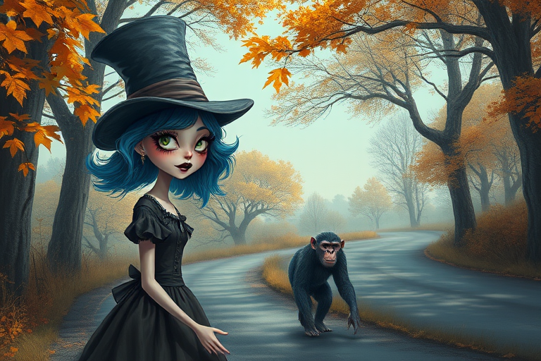 digital art fantasy depicting a strange girl with blue hair, long eyelashes, black lipstick and a tall hat walking along a winding road on an autumn afternoon, an Ape smiles as she passes