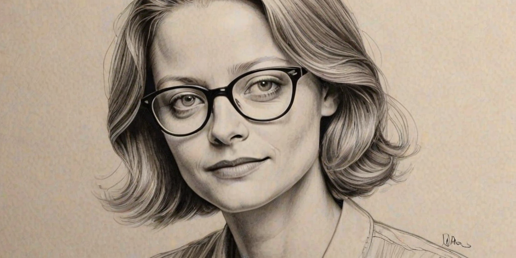 Gorgeous Jodie Foster, pencil sketch, portrait of Radiant woman 1941s in glasses, hair style beatnik, outline, clear lines, fine lines, 8k