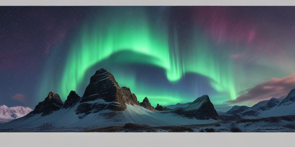 Majestic Aurora Borealis Dancing Over Snowy Mountains Under a Starry Sky