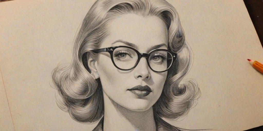 Magnificent Cindy Margolis, pencil sketch, portrait of Bewitching woman 1930s in glasses, hair style beatnik, outline, clear lines, fine lines, 8k