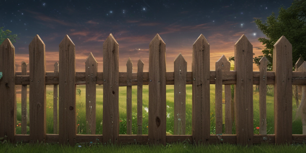 Serene Wooden Fence Against a Beautiful Sunset and Starry Sky