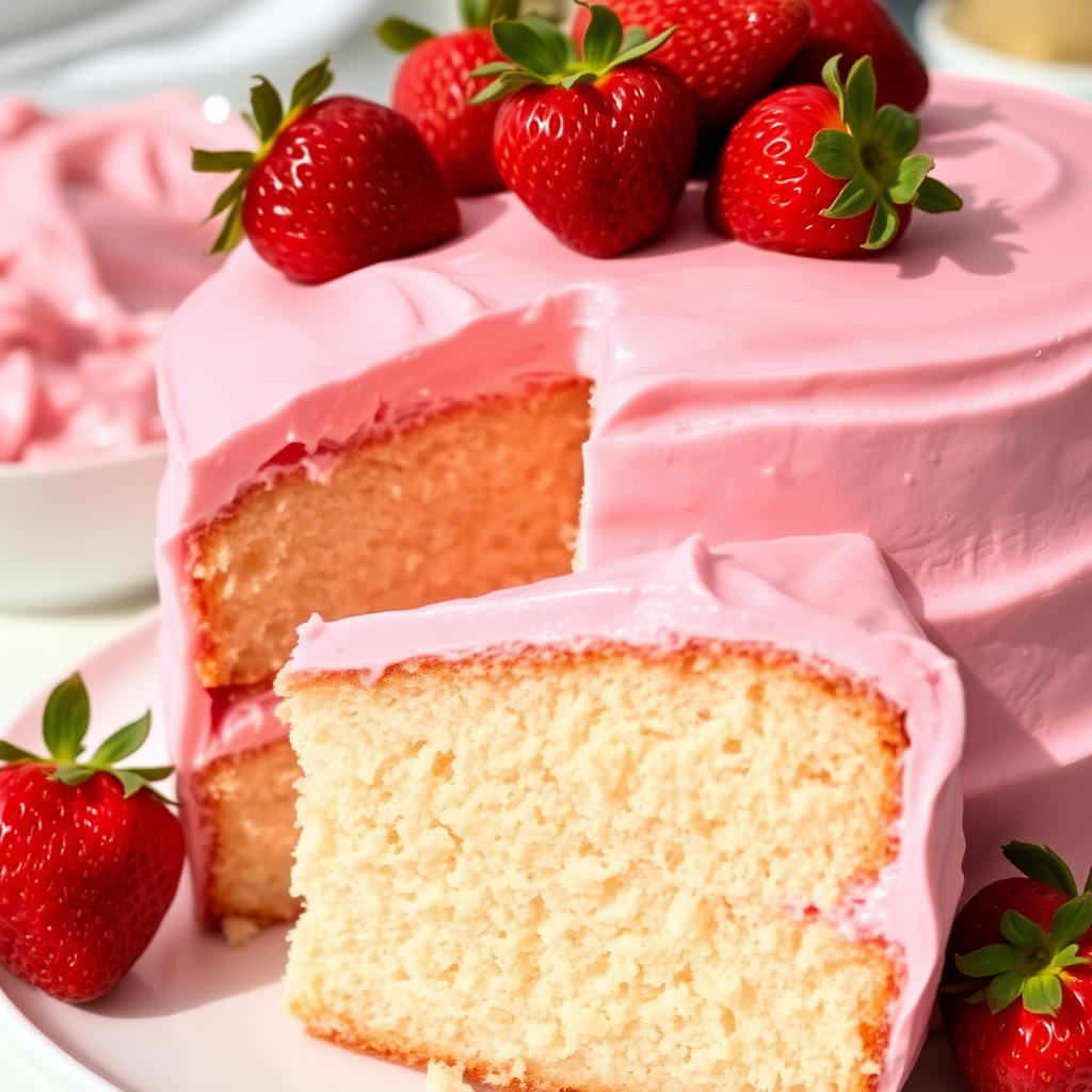 A beautifully frosted pink cake with a smooth pink icing topped with fresh strawberries, a slice of the cake showing its soft texture and layers, a small bowl of pink frosting in the background, bright and inviting setting.