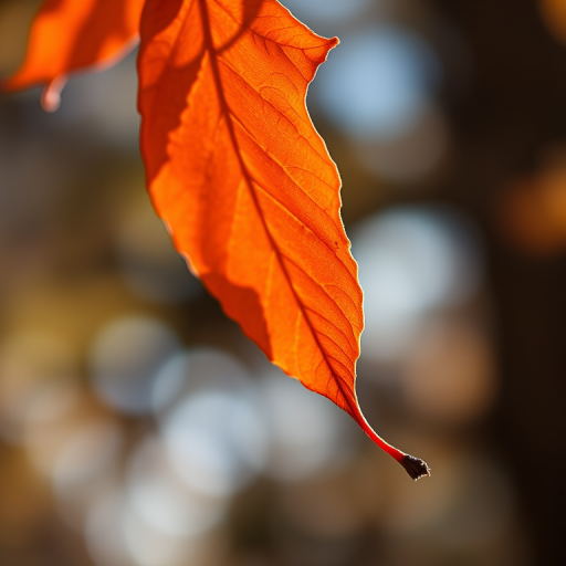 Create a highly detailed macro photograph of a vibrant orange autumn leaf, natural light, f/2.8, 1/200 sec, ISO 100, shot from a low angle, using a DSLR camera with a 100mm macro lens for crisp focus and rich color contrast.
