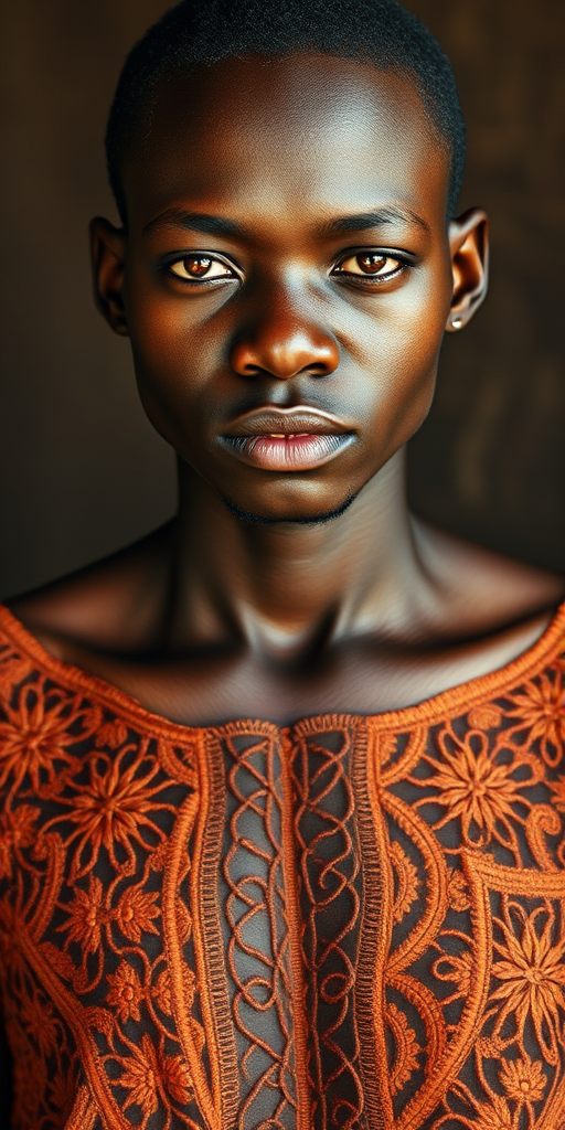 Face, shoulders, chest covered in openwork Igbo embroidery. Raw, unedited image.