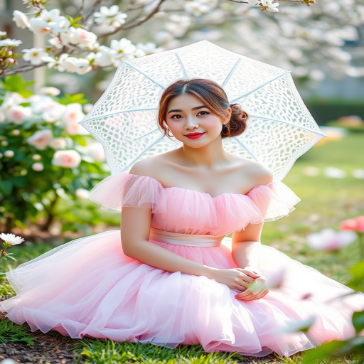 Generate an image of a young woman in a pink tulle dress sitting under a white lace parasol in a blooming garden with soft natural lighting, depth of field focus, using a DSLR camera at f/2.8, ISO 100, and 85mm lens for portrait style.
