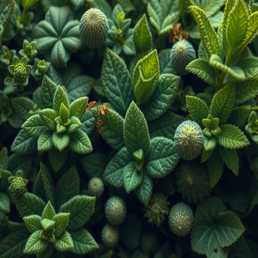 Regenerate an illustration of various green plants and leaves, focusing on intricate details and textures, shot with a Canon EOS R5 at f/4, ISO 100, 1/125s, in a top-down view with natural lighting and a shallow depth of field to enhance image quality.