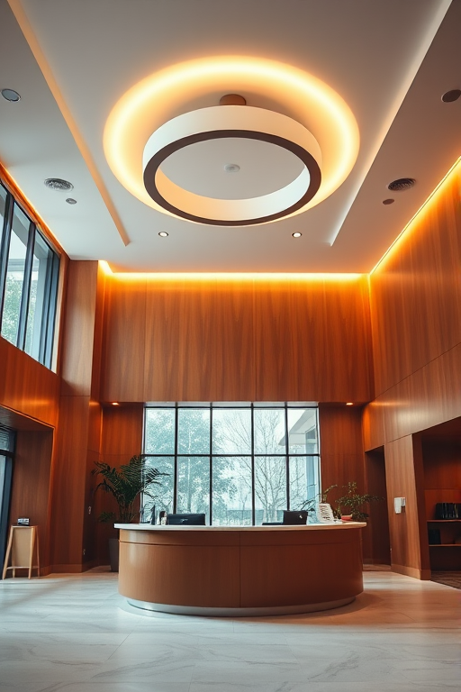 interior of a modern reception area with warm wooden walls and ambient lighting, featuring a circular light fixture above a curved reception desk, soft natural light filtering through glass elements, captured with a Canon EOS R5, 24mm lens, f/2.8 aperture, ISO 200, 1/60 second shutter speed, soft focus aesthetic for a calming effect