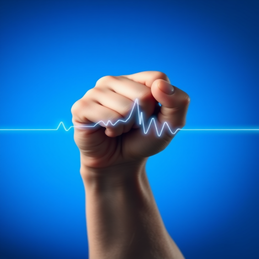 Create an image of a human fist clenching with a heartbeat line graph emerging from it, in a minimalist style, using a Canon EOS R5 camera, 50mm lens, f/1.8 aperture, 1/100s shutter speed, ISO 100, shot in a studio setting with soft lighting and a gradient blue background for enhanced contrast.