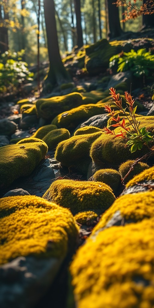 Create a lush forest scene featuring vibrant moss-covered rocks and plants bathed in warm sunlight, captured with a DSLR camera at f/2.8 aperture, ISO 100, 50mm lens, in a wide-angle perspective to enhance depth and detail.
