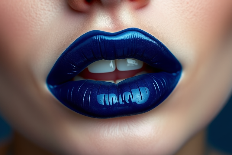 Deep sapphire blue lip lacquer named "Midnight Ocean," boasting intense pigmentation and a glossy, vinyl-like shine