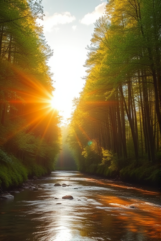 Create an image of a serene, sunlit forest scene with a clear, gently flowing river. Tall trees with lush green foliage line both sides of the river, their leaves bathed in the warm golden light of the setting or rising sun. The sunlight filters through the trees, casting soft, dappled light on the river, which flows over smooth rocks and pebbles, creating a peaceful, natural atmosphere. The sky is bright with a few scattered clouds, and the overall mood is tranquil, evoking a deep sense of connection with nature. The image captures the beauty of a calm, pristine forest landscape at either dawn or dusk.