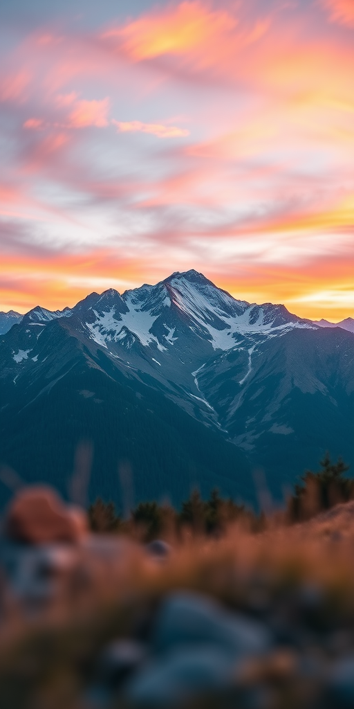 Create a high-resolution image of a serene mountain landscape at sunrise with vibrant colors, using a DSLR camera with a 24mm lens, aperture set at f/8, shutter speed 1/125 sec, ISO 100, taken from a low angle to capture foreground details and enhance depth.