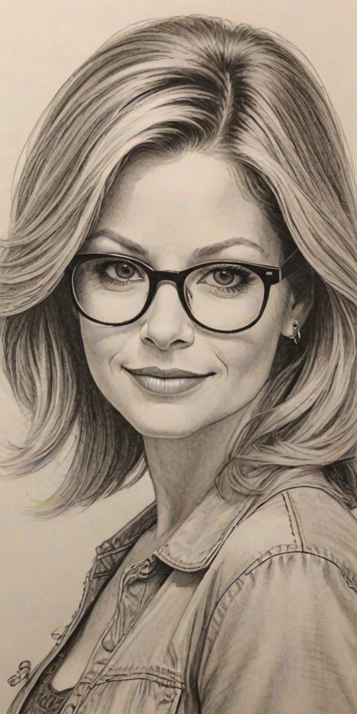 Bewitching Candace Cameron Bure, pencil sketch, portrait of Appealing woman 1976s in glasses, hair style beatnik, outline, clear lines, fine lines, 8k
