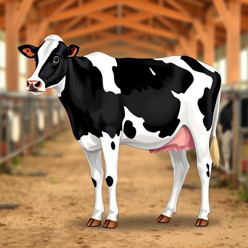 Generate a high-quality illustration of a black and white dairy cow standing sideways, captured with a DSLR camera at f/8 aperture, ISO 200, and 50mm lens, with a focus on clarity and natural colors in a well-lit barn setting.