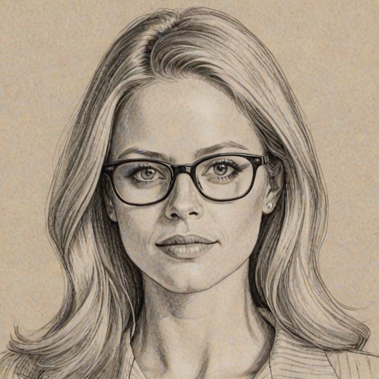 Captivating Claire Coffee, pencil sketch, portrait of Beauteous woman 1944s in glasses, hair style beatnik, outline, clear lines, fine lines, 8k