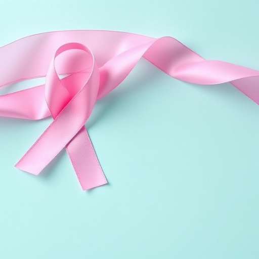 Create an image of a pink awareness ribbon on a soft teal background with a high-resolution DSLR camera, using a 50mm f/1.8 lens, aperture set at f/2.8, shutter speed 1/100 sec, and ISO 200 for enhanced clarity and color vibrance.