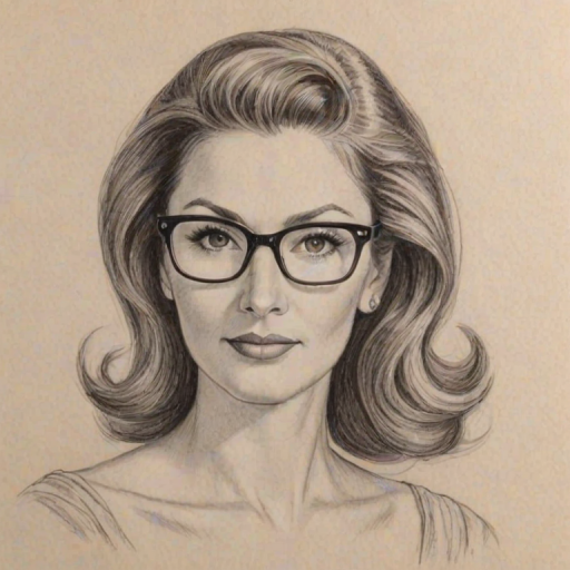 Splendid Heather McDonald, pencil sketch, portrait of Graceful woman 1956s in glasses, hair style beatnik, outline, clear lines, fine lines, 8k