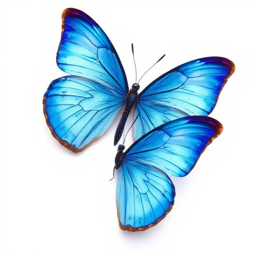 Generate an image of two blue butterflies with delicate wings. The butterflies should be positioned one above the other, showcasing their vibrant blue color and intricate wing patterns against a plain white background.
