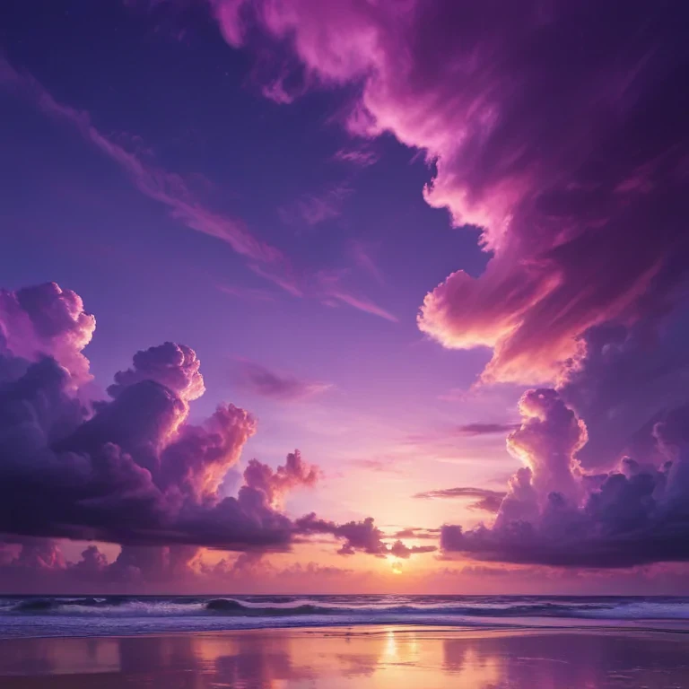 Majestic Sunset Over Calm Ocean with Vibrant Purple and Pink Clouds