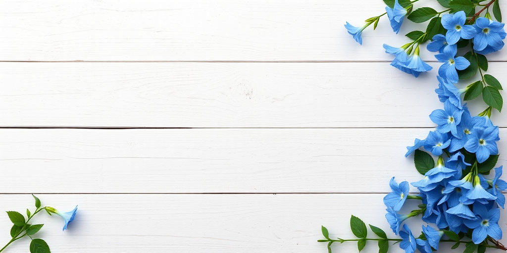 high-resolution image of a white wooden background with a floral border featuring blue flowers and green leaves, shot with a Canon EOS R5, 85mm f/1.2 lens, f/2.8 aperture, ISO 100, soft natural lighting, top-down view