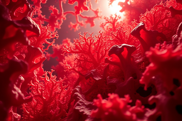 Generate a high-resolution abstract image featuring intricate red organic forms and textures illuminated by a bright light source from the upper left, using a Canon EOS 5D Mark IV with a 24-70mm f/2.8 lens, aperture set to f/8, ISO 100, at a focal length of 35mm, with a wide-angle view to capture more depth and detail.